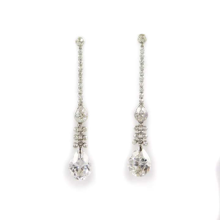 Pair of antique pear shaped diamond and diamond line pendant earrings with principal diamond drops 4.98ct E VS2 and 4.60ct H VS2
